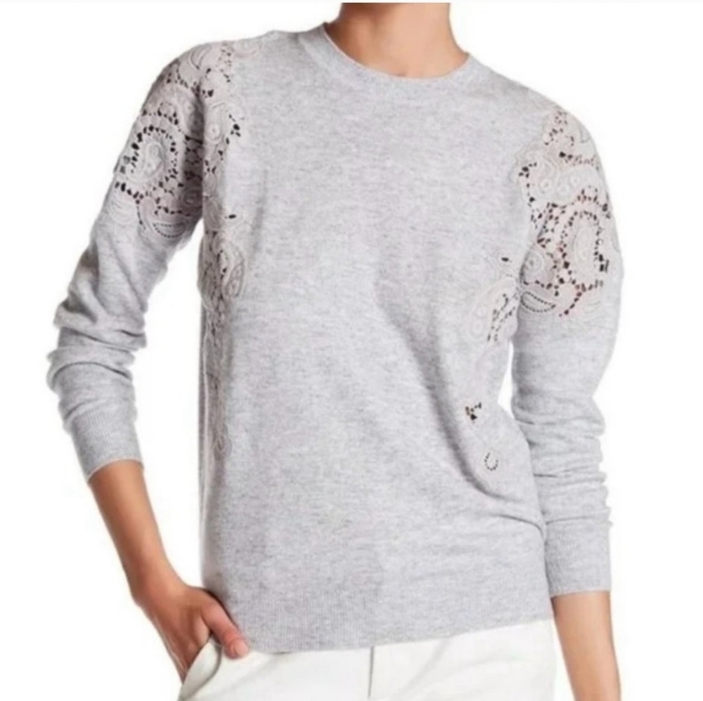 Ted Baker Embroidered Long Sleeve Merino Wool Cashmere Blend Sweater Grey XS